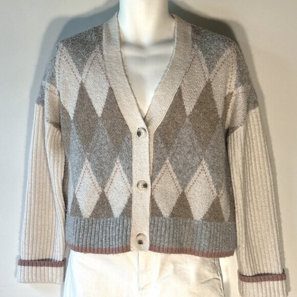 Rachel Zoe SZM Argyle button front boxy cardigan Classic Preppy Academia Office - Picture 2 of 10